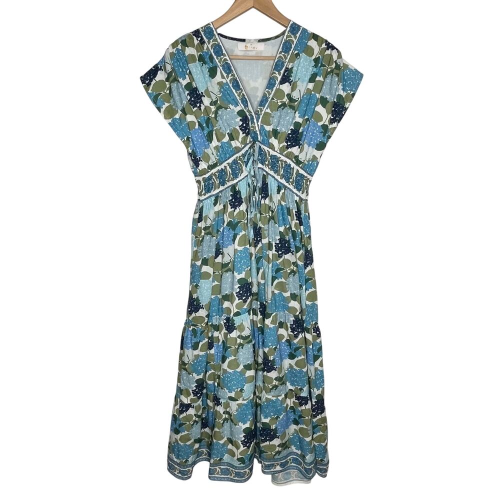 Bindu Aria Maxi Dress XS Blue Floral Cotton Resort Pockets - Picture 3 of 12